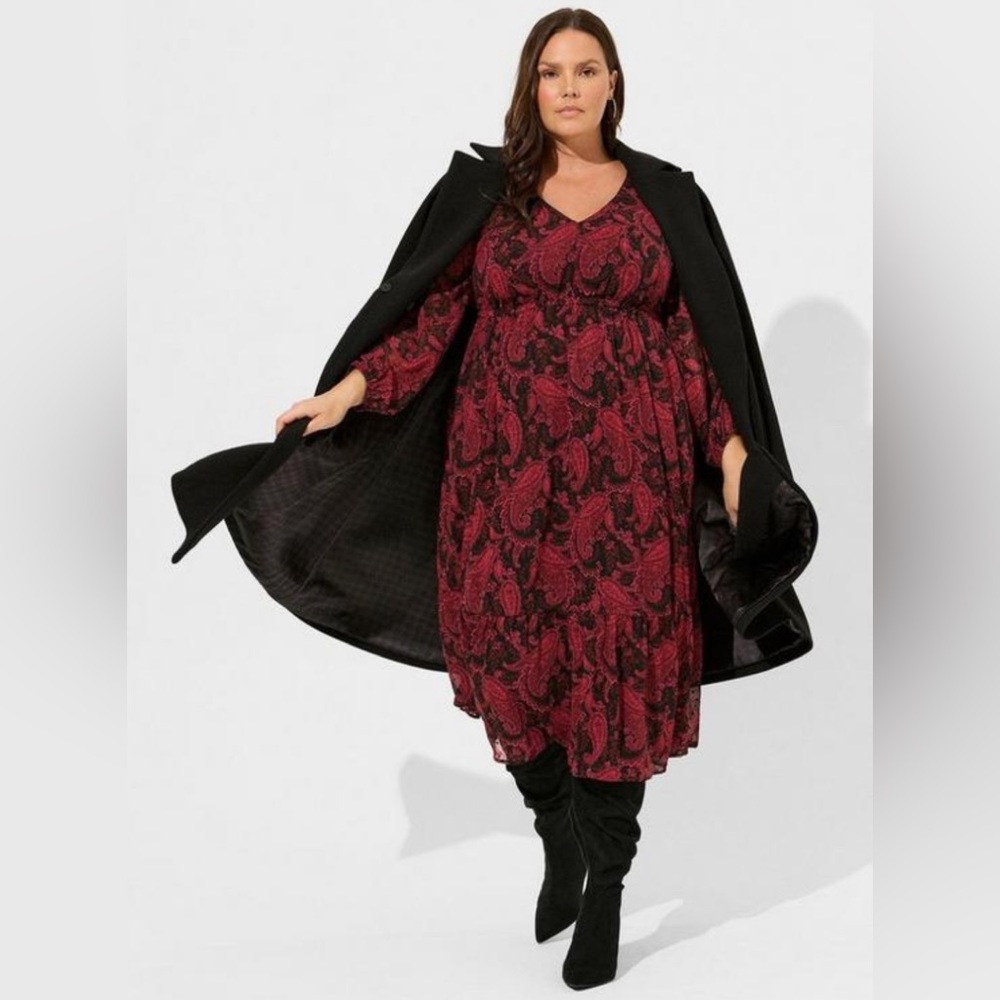 TORRID Tea Length Open Back A-Line Dress / Paisley Red Black